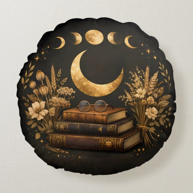 Gyllene Mystisk Bibliotek & Botanisk Boho Moon Art Rund Kudde (Framsidan)