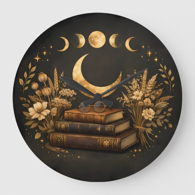 Gyllene Mystisk Bibliotek & Botanisk Boho Moon Art Stor Klocka (Framsida)