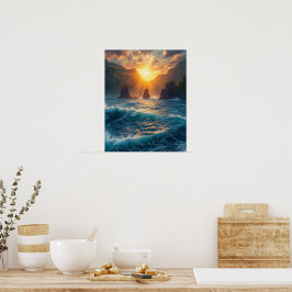Gyllene Ocean Solnedgång Berg Kust Natur Poster
