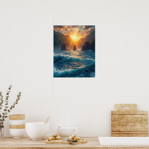 Gyllene Ocean Solnedgång Berg Kust Natur Poster