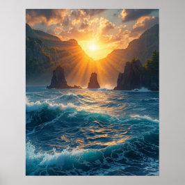 Gyllene Ocean Solnedgång Berg Kust Natur Poster