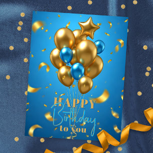 Gyllene och Blå Ballonger och Konfetti Födelsedag Vykort