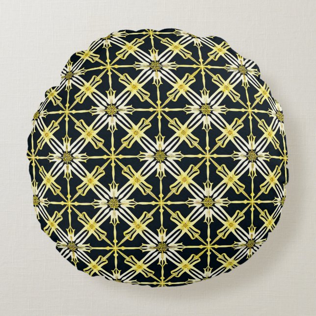 Gyllene och vit geometrisk mönstrad design rund kudde (Framsidan)