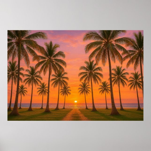 Gyllene Orange Solnedgång Tropisk Strand  Poster (Framsidan)