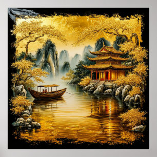 Gyllene oriental sjö med en pagod poster