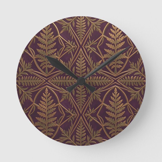 Gyllene Ornamenterad Geometrisk Lila Fern  Rund Klocka (Framsida)