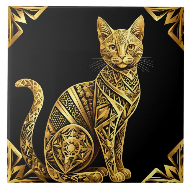 Gyllene Ornamenterad Kattillustration Kakelplatta (Framsidan)