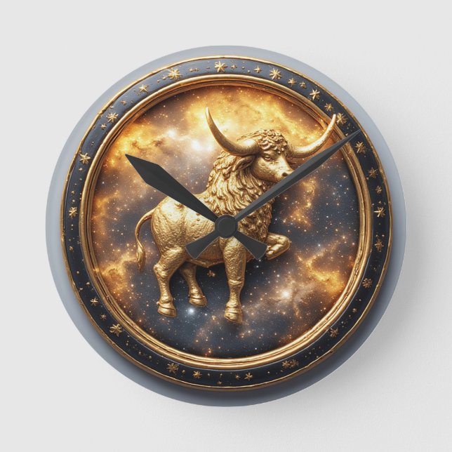 Gyllene Oxe-Tjur Inom en Cirkulär Zodiak Hjul Rund Klocka (Framsida)