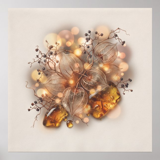 Gyllene Physalis Lykta Pod Botanisk Affisch (Framsidan)