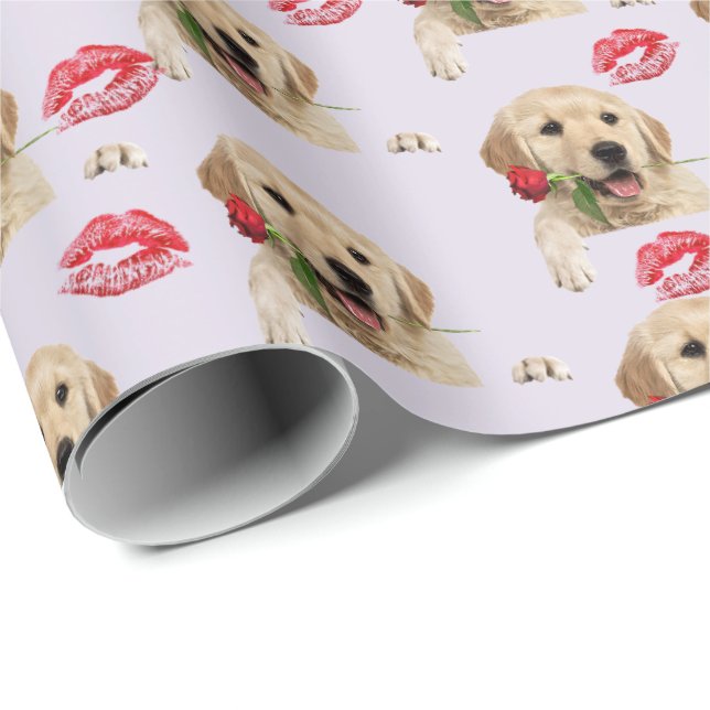 gyllene retriever med ros och kyssar presentpapper (Rullad Hörn)