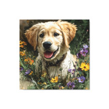 Gyllene Retriever Valp Äng med Vilda Blommor Glädj