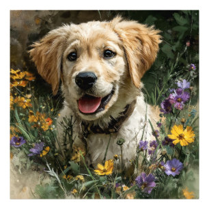 Gyllene Retriever Valp Äng med Vilda Blommor Glädj Fototryck