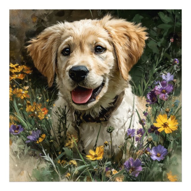 Gyllene Retriever Valp Äng med Vilda Blommor Glädj Fototryck (Framsidan)