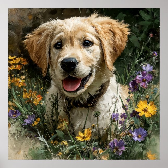Gyllene Retriever Valp Äng med Vilda Blommor Glädj Poster (Framsidan)