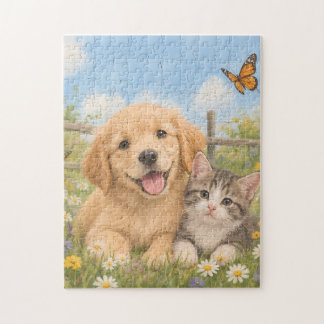 Gyllene Retriever Valp och Tabby Kattunge Pussel