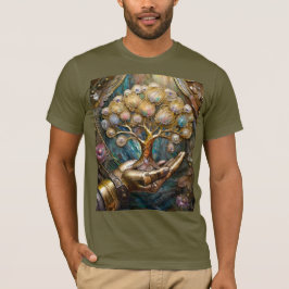 Gyllene robot hand som håller det gyllene livets t shirt