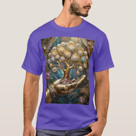 Gyllene robot hand som håller det gyllene livets t shirt