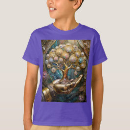 Gyllene robot hand som håller det gyllene livets t shirt