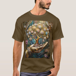 Gyllene robot hand som håller det gyllene livets t shirt