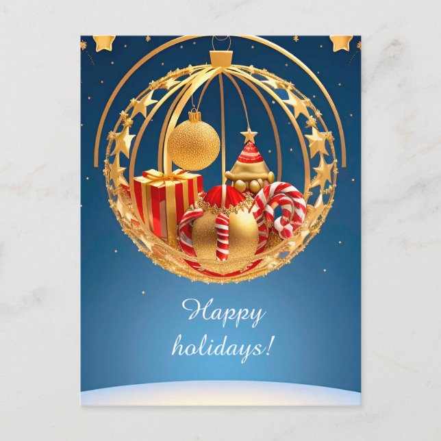 🎁 Gyllene röda julgransprydnader röda och vita ra Helg Vykort (Framsida)