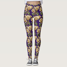 Gyllene rosor med frodiga gröna blad leggings
