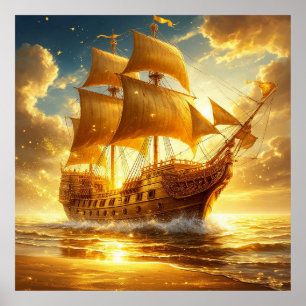 Gyllene segelfartyg på solnedgångshavet poster