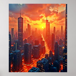 Gyllene Skyline: Strålande Stadssolnedgångskonst Poster