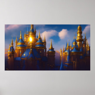 Gyllene slott guld blå fantasy magisk 4 poster