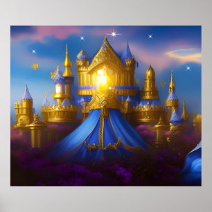 Gyllene slott guld blå fantasy magisk poster