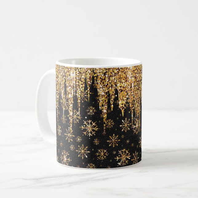 Gyllene snöflingor Glittrande guld droppar Kaffemugg (Framsida vänster)