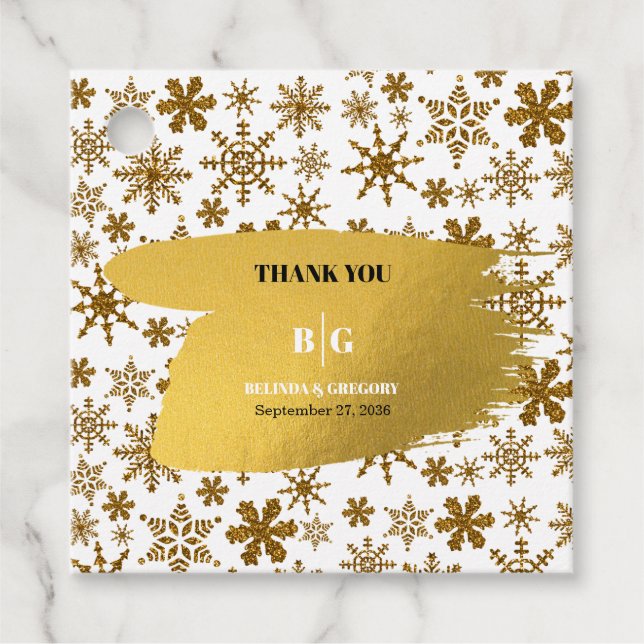 Gyllene Snöflingor, helgjul Bröllop Gåvor Etiketter (Framsida)