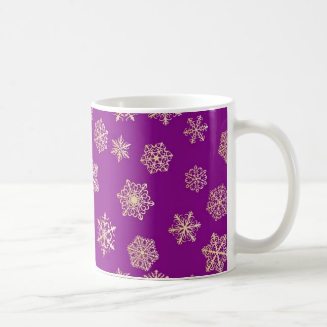 Gyllene snöflingor, lila bakgrund kaffemugg (Höger)