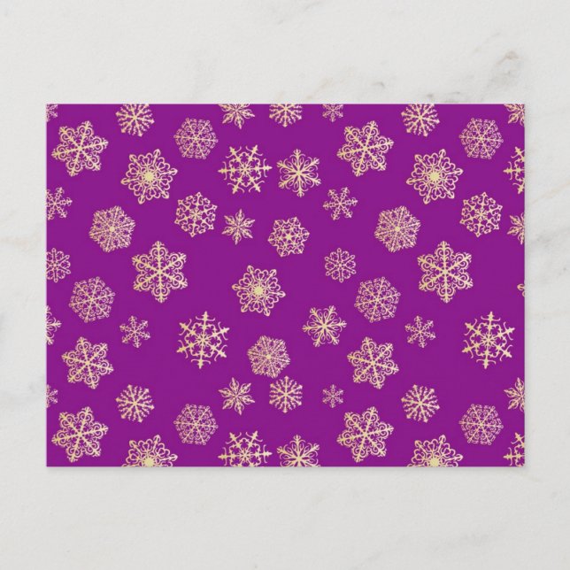 Gyllene snöflingor, lila bakgrund vykort (Framsida)
