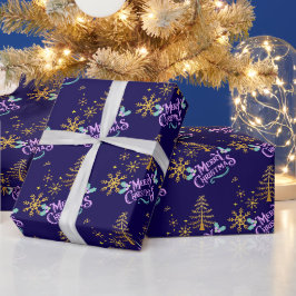 Gyllene snöflingor på blå inslagspapper presentpapper