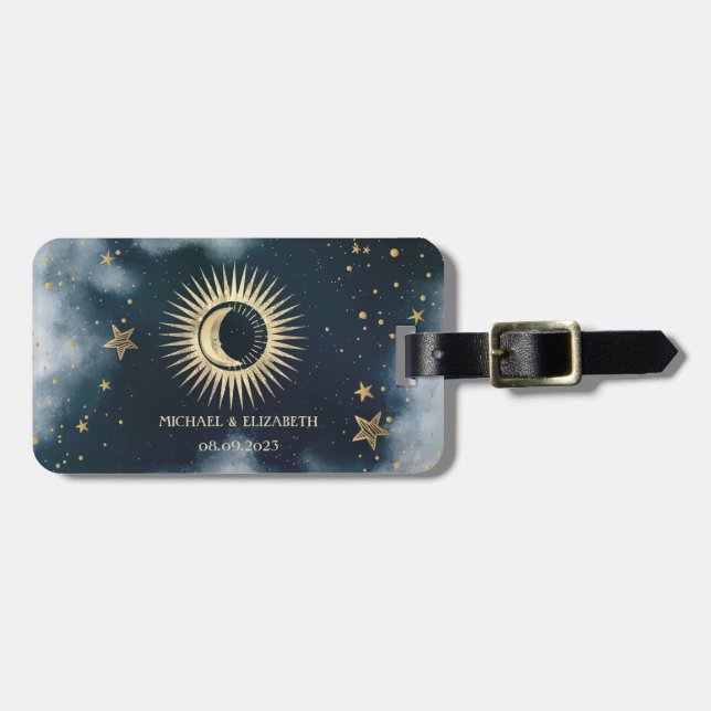 Gyllene Sol, Måne, Stjärnor Nattlig Himmel Bagagebricka (Horisontell Framsida)