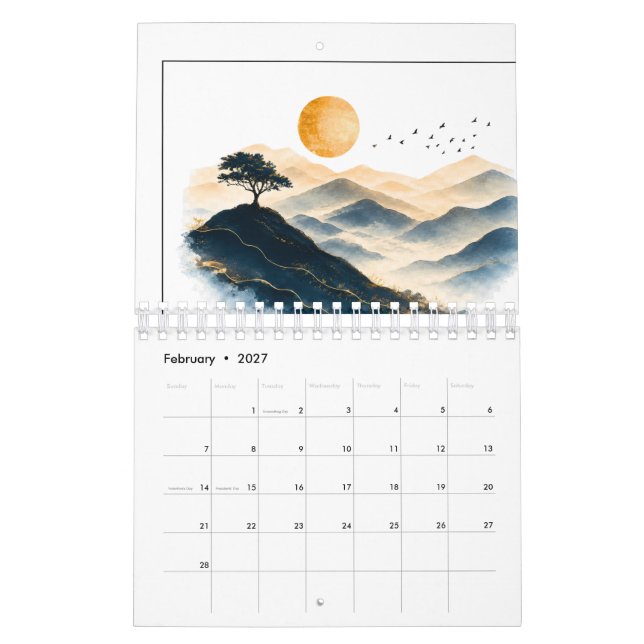 Gyllene sol med bergslandskapskalender kalender (Feb 2027)