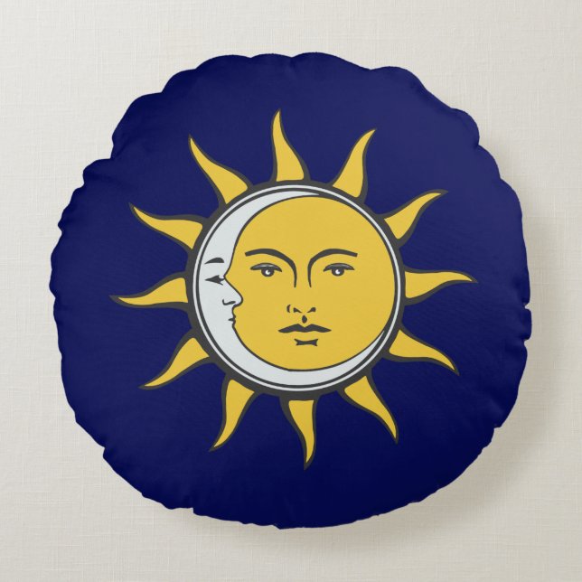 Gyllene sol och silvermåne på marinblå rund kudde (Framsidan)