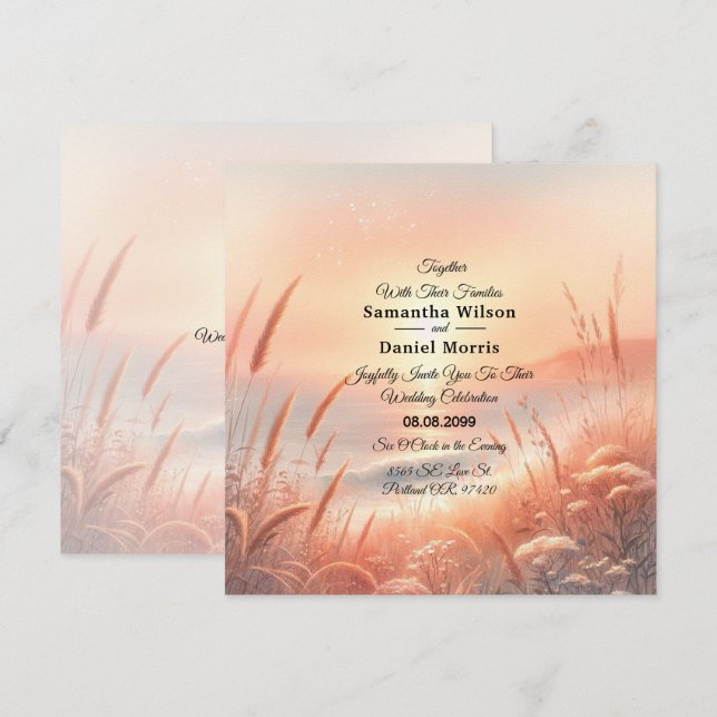 Gyllene solnedgång äng strand bröllop inbjudningar (Fram/baksida)