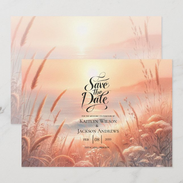 Gyllene Solnedgång Äng Strand Bröllop Spara Datume Datumet (Fram/baksida)