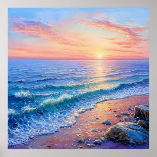 🌅 Gyllene solnedgång Havslandskap Lugna vågor Hor Poster