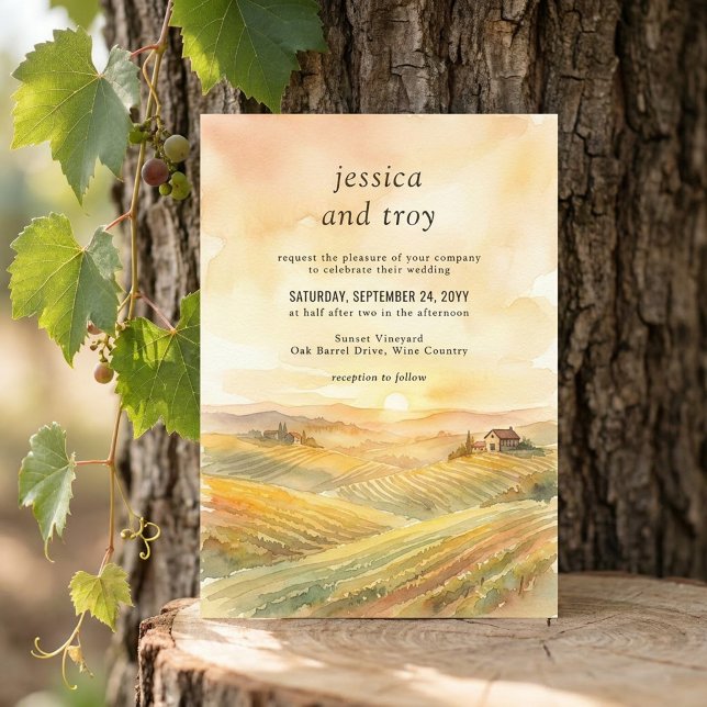 Gyllene Solnedgång Vinåker Landskaps Bröllop Inbjudningar (Wedding Invitation from the Sunset Vineyard wedding collection by Darling & May)