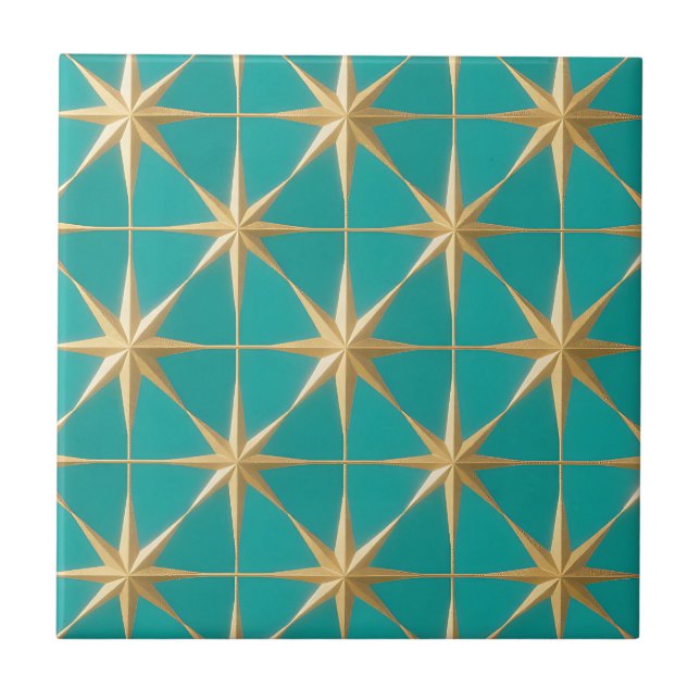 Gyllene stjärnexplosion geometrisk teal mitten av  kakelplatta (Framsidan)