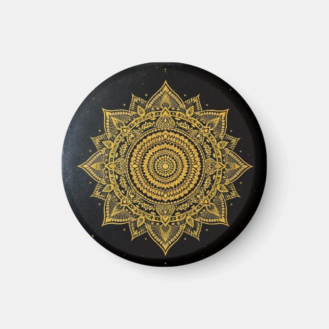 Gyllene stjärnexplosion Mandala på svart Magnet (Framsidan)