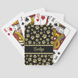 Gyllene tassavtryck på svart med anpassat namn casinokort