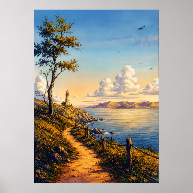Gyllene timme Kust fyr Landskapsaffisch Poster (Framsidan)