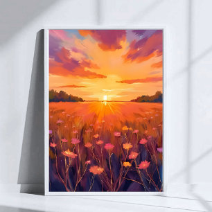 Gyllene Timmen Blomsterfält Vattenfärg Solnedgång Poster