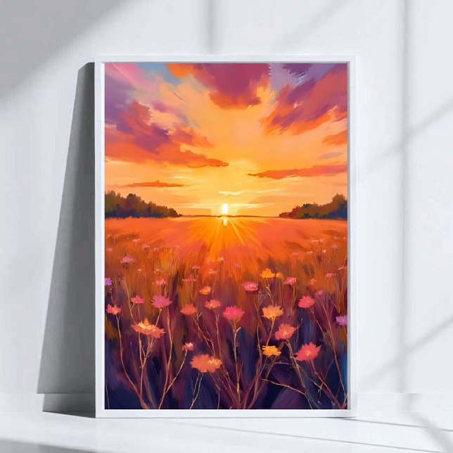 Gyllene Timmen Blomsterfält Vattenfärg Solnedgång Poster (Skapare uppladdad)