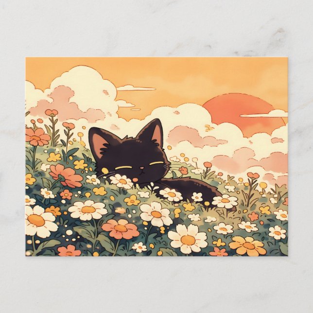 Gyllene Timmen Daisy Kawaii Svart Katt Vykort (Framsida)