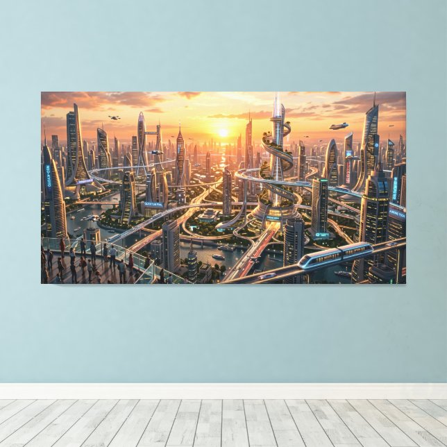 Gyllene timmen Futuristisk stadsbild – Sci-Fi Canvastryck (Insitu (trägolv))