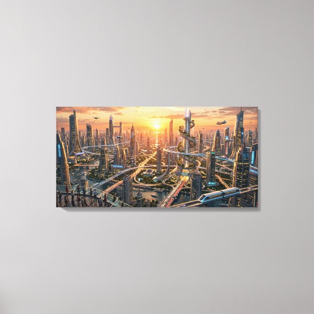 Gyllene timmen Futuristisk stadsbild – Sci-Fi Canvastryck (Framsida)